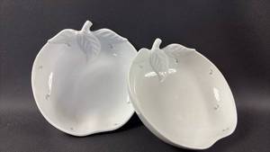 lot 99 image: Apple-Shaped Ceramic Bowls Set of 2 White with Leaf and Interesting Detailing