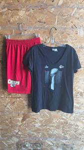 lot 234 image: NFL Football Kansas City Chiefs 2019 Super Bowl Champ Trophy Womens Tee and Chiefs Shorts