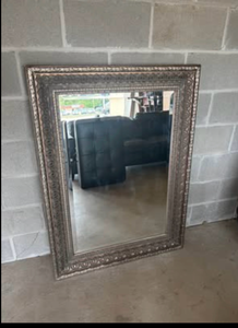 lot 239 image: Large Beveled Mirror with Detailed Frame, 34x46