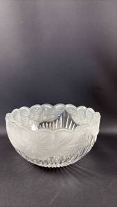 lot 107 image: Frosted Crystal Bowl with Flower and Leaf Design, Scalloped Edge Approximately 9 Inches Diameter