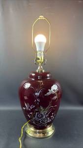lot 114 image: Dark Red Table Lamp with Gorgeous White and Gold Decoration
