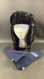 lot 115 image: Plush Faux Fur Hat and Olympic Team Knit Mittens