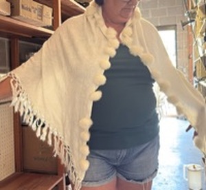 lot 117 image: White Rabbit Fur Pom Pom (a couple missing) Shawl Wrap with Fringe