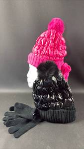 lot 120 image: Lined Puff Hat with Pom Pom and Knit Gloves Size Small