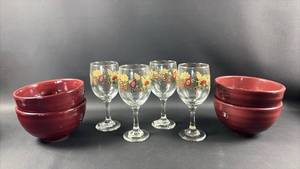lot 124 image: 4) Paisley Sunflower Wine Glasses and 4) Big Coordinating CerealChili Bowls
