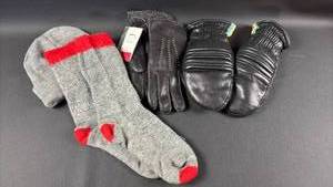 lot 126 image: NWT Leather Gloves, Vintage Mittens, Wool Socks and Knit Cap