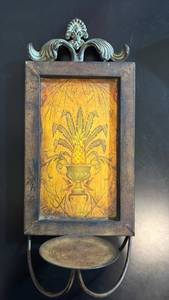 lot 833 image: Metal Decorative Wall Mount Tropical Decor with Ornamental Frame and Pillar Candle Holder