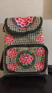 lot 837 image: Embroidered Floral Backpack with Flap Closure Front and Side Zippered Pockets