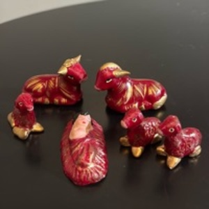 lot 842 image: Vintage Red and Gold Made in Mexico Pottery Nativity Animals and Baby Jesus