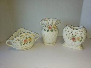 lot 304 image: 3-Piece Ceramic Floral Pierced Flower Pot Set with Handles