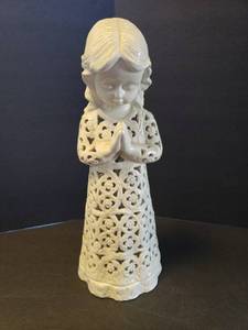 lot 329 image: Glazed Ceramic Girl Figurine with Filigree Cutout Dress. 14 Inches Tall
