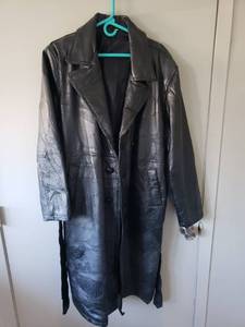 lot 330 image: XL Black Leather Patchwork Long Coat with Notch Collar and Belt