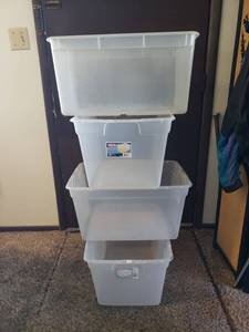 lot 333 image: 3 Sterilite 58 Qt. Storage Containers and 1 54 Qt without Lids.