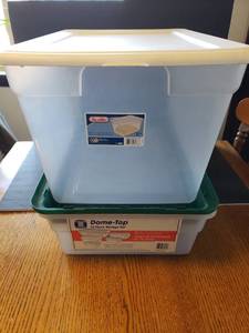 lot 334 image: 2 Storage Containers With Lids  1 Sterilite 58 Qt  and 1 Dome-Top 28 Qt