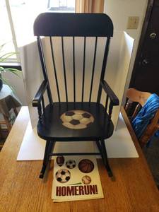 lot 335 image: Refurbished Black Rocking Chair with Soccer Ball Seat Design Decal, 16x30 inches. Plus a Set of Large Wall or Rocker Decals.