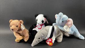 lot 154 image: Lot of 4 Plush Stuffed Animals with Tags Bear Panda Elephant