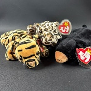 lot 160 image: Ty Beanie Babies Lot 3 Plush Toys Tiger Leopard Bear