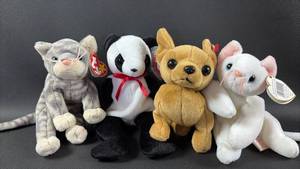 lot 163 image: Ty Beanie Babies Lot 4 Plush Animals Cats Dog Panda Tags