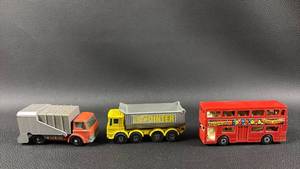 lot 189 image: Lot of 3 Lesney for Matchbox Vintage Die-Cast Toy Vehicles Garbage Truck, Dump Truck, Double-Decker Bus