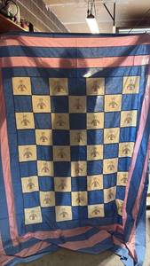 lot 197 image: Patchwork Quilt Top Shell with Embroidered Basket Blocks Blue and Cream