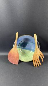 lot 406 image: Large Pottery Rice Bowl with Wooden Serving Utensils