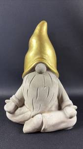 lot 411 image: Cement Gnome Figurine with Gold Hat Seated Pose Approximately 9 Inches Tall