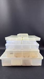 lot 432 image: Plastic Storage Organizer Boxes with Compartments and Hinged Lids Largest is Approximately 14 by 11 by 3
