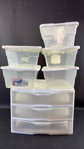 lot 446 image: Sterilite and Rubbermaid 6qt. Plastic Storage Containers and Three Drawer Storage