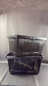 lot 448 image: Large Black Plastic Stacking Carry Baskets with Handles Set of 2