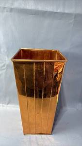 lot 523 image: Tapered Square Copper Container with Vertical Ribbed Panels and Rolled Rim (approximately 15 inches tall)