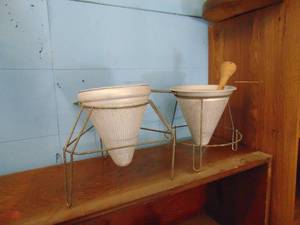 lot 3000 image: Pair of Metal Strainers with Stands -1 Wood Piece