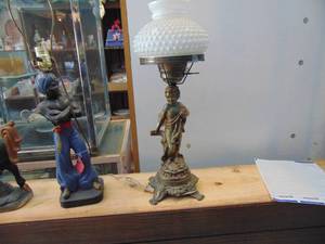 lot 3026 image: Metal Cherub Lamp with Hobnail Shade