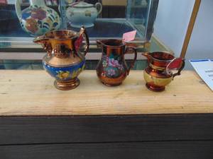 lot 3035 image: 3 Copper Luster Pitchers - Creams 