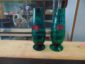 lot 3036 image: Pair of BlueGreen Footed Vases