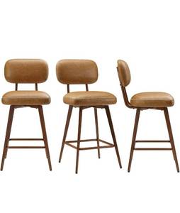 MALOL 26" PU Leather Swivel Bar Stools Set of 3, Mid Century Counter Height Bar Chairs with Low Back and Metal Legs, Modern Bar Stool Chair for Kitchen Island, Brown - Retail: $199