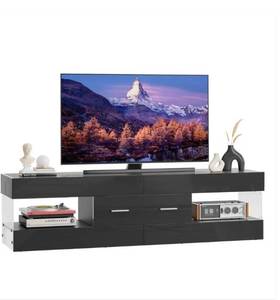 lot 9651 image: Customer Reviews for Bestier 60 in. Glossy Black Ripple Side TV Stand Fits TV Up to 65 in. Entertainment Center with Drawer LED Light - Retail $200