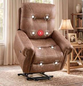 lot 9653 image: Electric Power Recliner Chair Soft Fabric Vintage Rivet Design Single Reclining Sofa with USB Ports Massage and Heat for Living Room - Retail $499