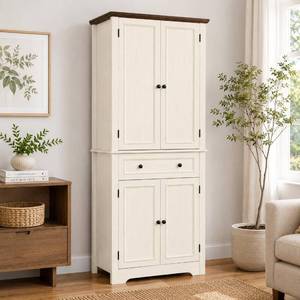 lot 9660 image: Pantry Cabinet, 72 Tall Kitchen Storage Cabinet with Doors and Adjustable Shelves, Farmhouse Wood Food Pantry Organizer with Drawer, Freestanding Utility Cupboard for Kitchen, Dining Room, White - Retail $220