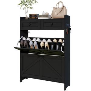 lot 9671 image: Viaozutis Shoe Cabinet with 2 Flip Drawers & 2 Storage Drawers, Space-Saving Shoe Storage Cabinet with Adjustable Shelf for Entryway or Hallway, Farmhouse Shoe Organizer Holds Up to 20 Pairs Black - Retail $165