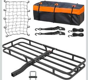 lot 9675 image: WEIZE 53 x 19 Hitch Mount Cargo Carrier Basket 500LB Capacity with Hitch Stabilizer, Waterproof Bag, Net & Straps, Fits 2 Receiver for Car SUV, Steel Construction - Retail $109