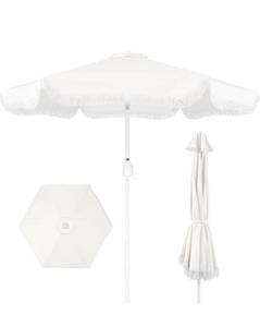 lot 9681 image: Best Choice Products 9ft Fringe Market Patio Umbrella �� Outdoor Boho Tassel Sunshade for Table, Pool, Deck, Backyard �� UPF50, Easy Tilt, Heavy Duty Steel Pole & Ribs - White - Retail $109