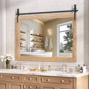 lot 9690 image: Hasipu Farmhouse Bathroom Mirror, 48x32 Rustic Wood Framed Wall Mounted Mirror, Brown Vintage Vanity Mirror Barn Door Style Decrative Mirrors - Retail $190
