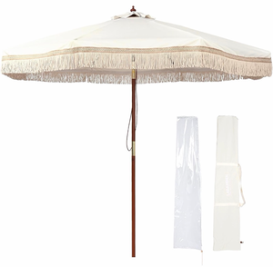 lot 9702 image: Boho Market Wood Fringe Patio Umbrella with Carry Bag Tassels forOutdoor Event Garden Yard House Wedding Party Deck Poolside Sun Shade Parasol - Retail $239
