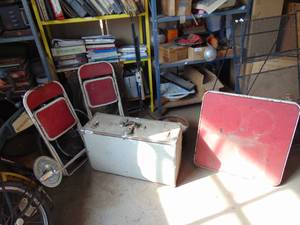 lot 3168 image: Metal Locker Box - Child fold up table and Chairs - CDs and more