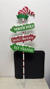 lot 89 image: Christmas North Pole Directional Sign Yard Stake with Elf Village & Santa Workshop Signs