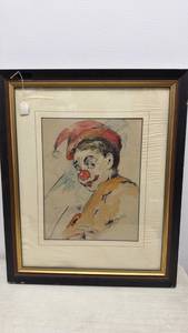 lot 136 image: Framed T. Morton Sad Clown Watercolor and Ink Portrait (22.75x18.75)