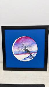 lot 137 image: Framed Art Print - Circular Tree and Landscape w Blue Matting (18x18)