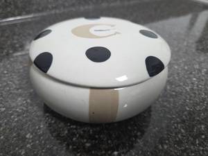 lot 300 image: White Ceramic Lidded Container with Black Polka Dots