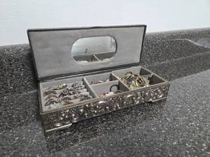 lot 331 image: Ornate Metal Jewelry Box with Rings Bracelets Necklaces and Accessories