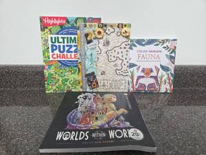 lot 339 image: Lot of Coloring and Activity Books Highlights Ultimate Puzzle Challenge, Dream Big Map, Color Origami Fauna, Worlds Within Worlds